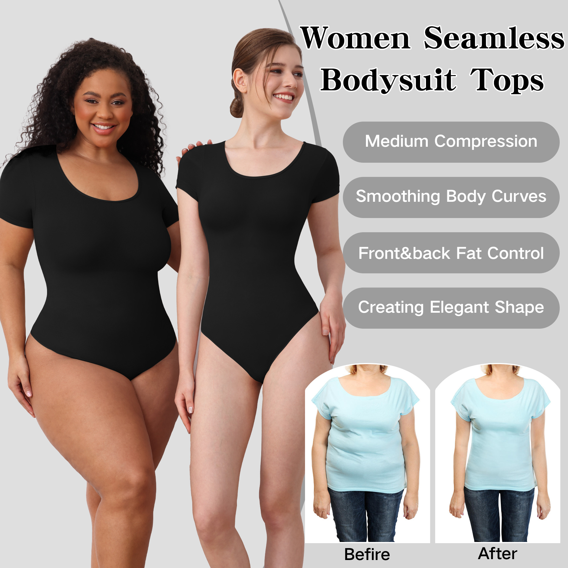 Short Sleeve Shaper Bodysuit - Tummy Control Lingerie Shapewear Thong Underwear